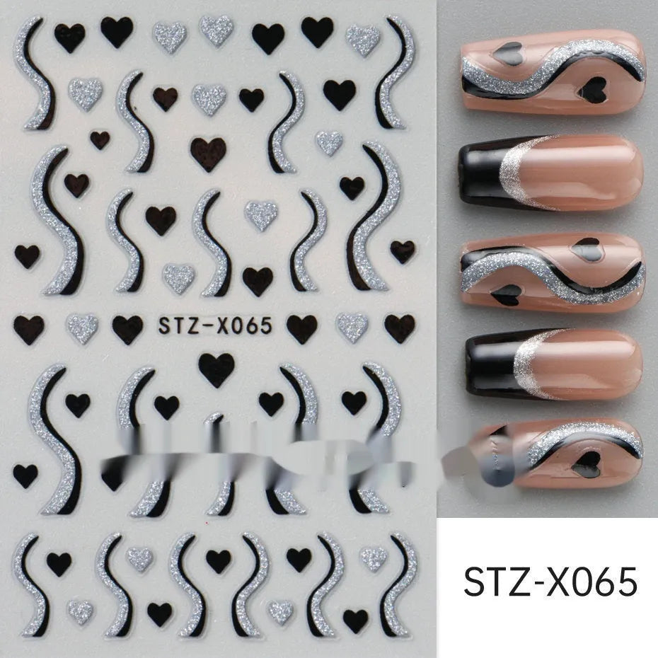 Black and silver strip cartoon nail art stickers on plastic patch