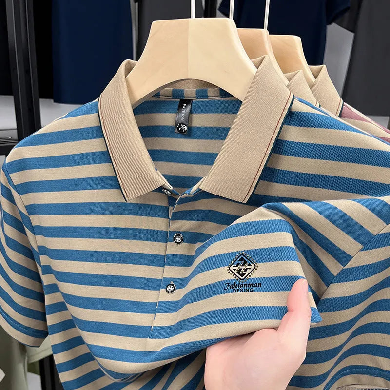 Striped casual men's shirt with mosaic pattern in polyester, available in red, blue, and green colours