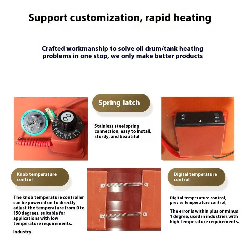 Silicone heating belt wrapped around 200-litre oil drum with digital display control unit