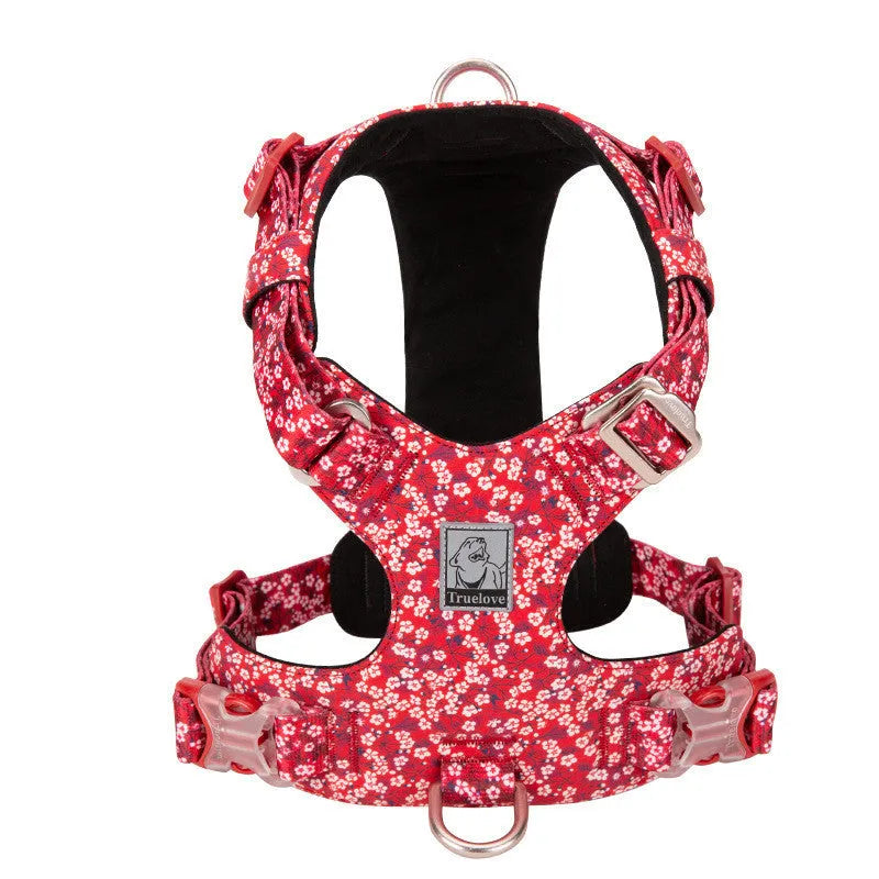 Pure cotton pet chest strap harness in floral colours with adjustable sizing for dogs