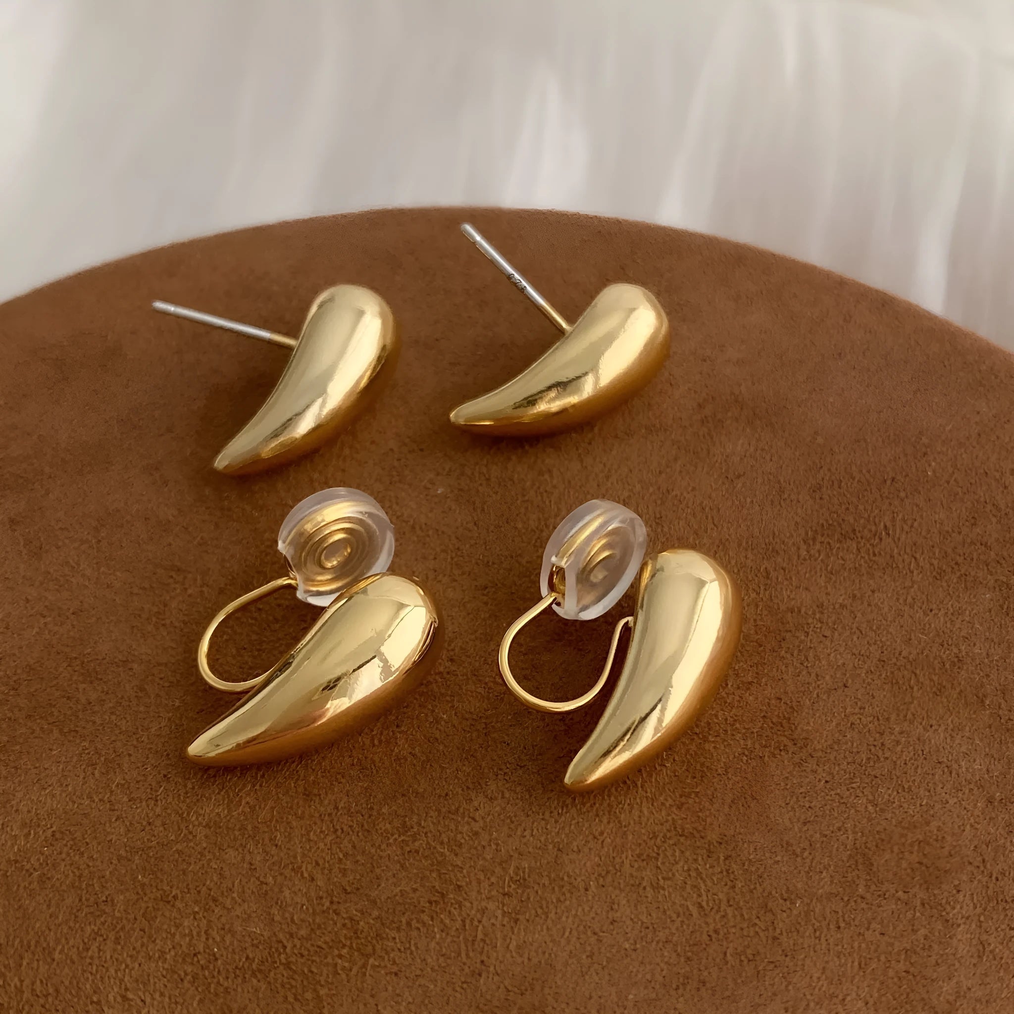 Copper geometric droplet earrings with electroplated finish sold as a pair in clip or stud style minimalist women's accessory