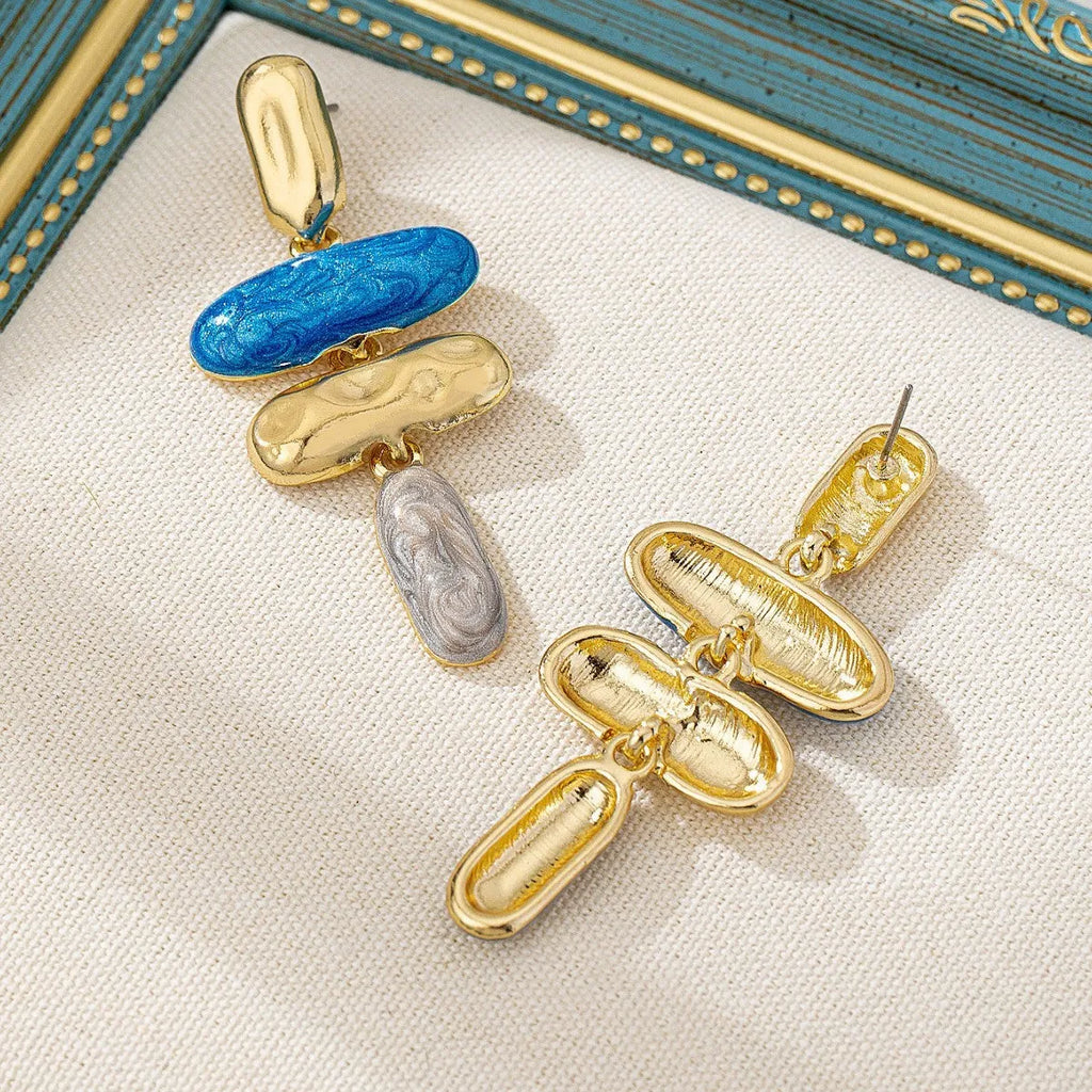 Geometric stud earrings with multicolor electroplated finish on zinc alloy