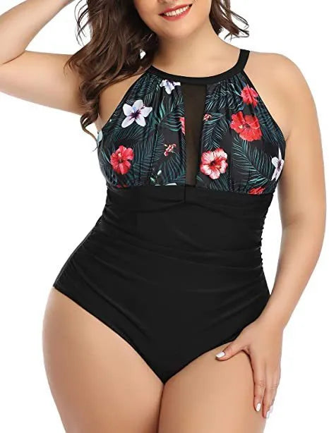 Women's black lace one-piece swimsuit on a hanger, plus size options available.
