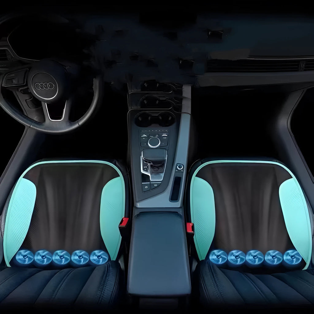 USB-powered ventilated car seat cushion in black suede leather with fan vents visible