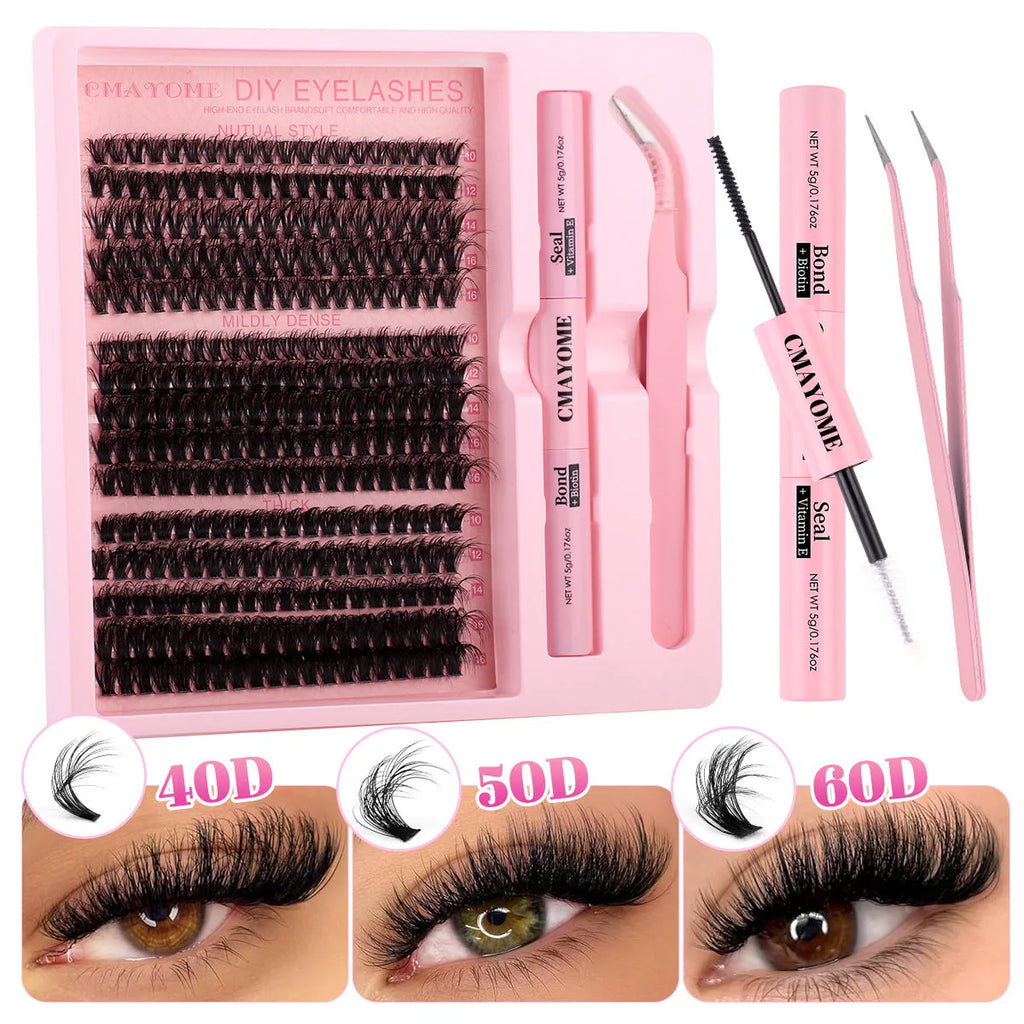 DIY false eyelashes extension suit showing cluster lashes and application tweezers for at-home use