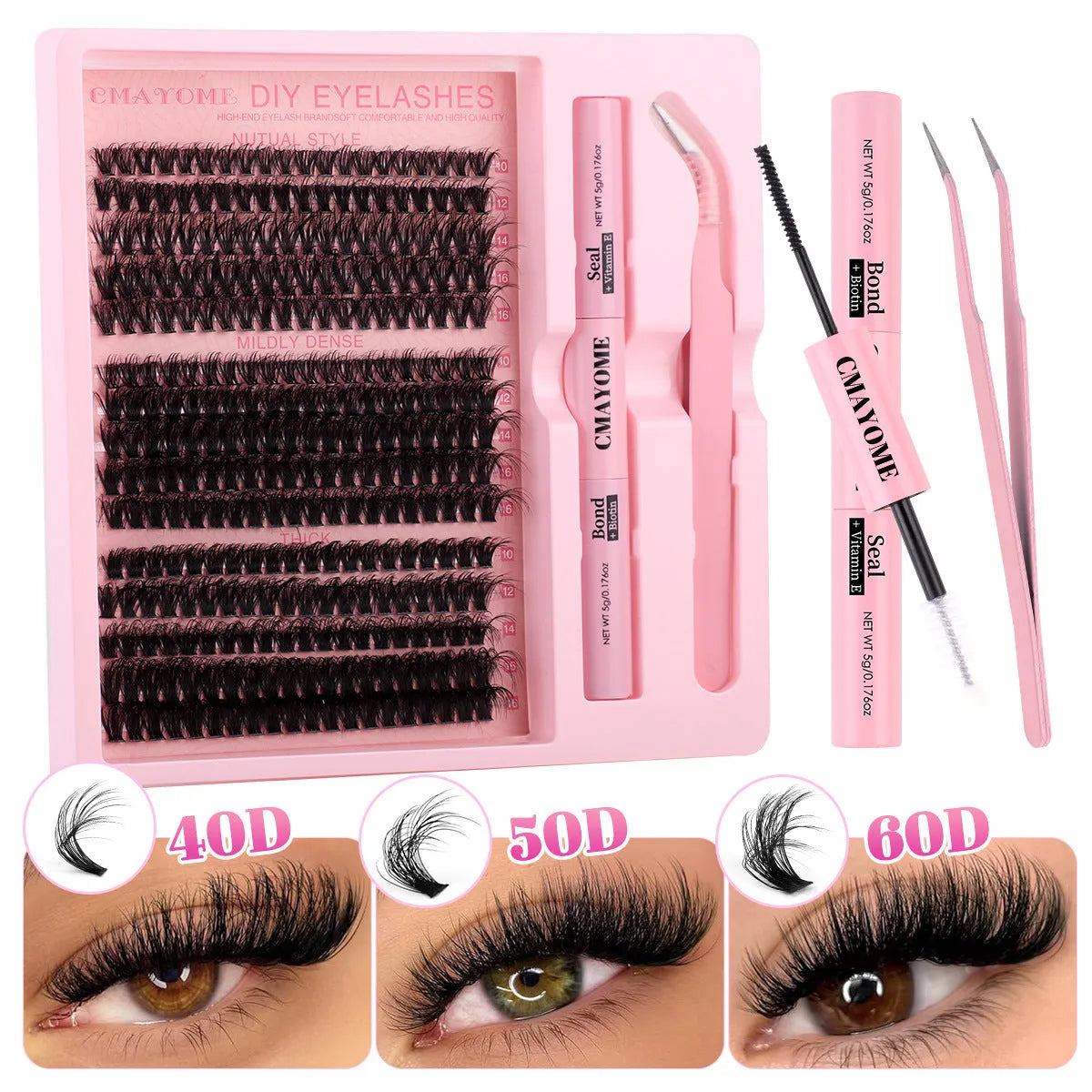 DIY false eyelashes extension suit showing cluster lashes and application tweezers for at-home use