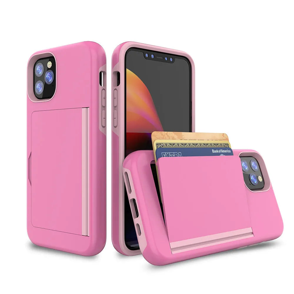 Slim black protective phone case for Apple iPhone 11, shown alongside red and blue colour options.