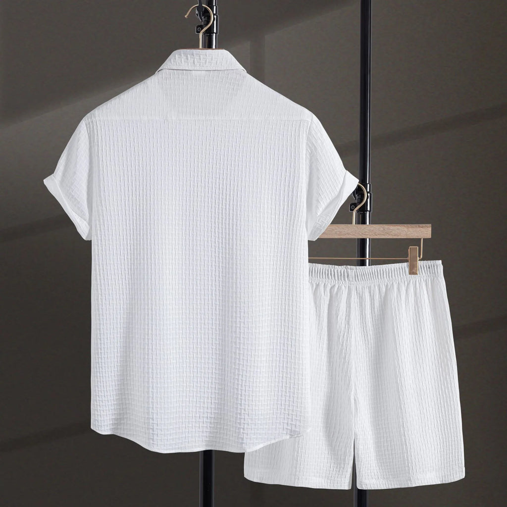 Men's beach suit with short sleeve shirt and matching shorts in cotton blend fabric