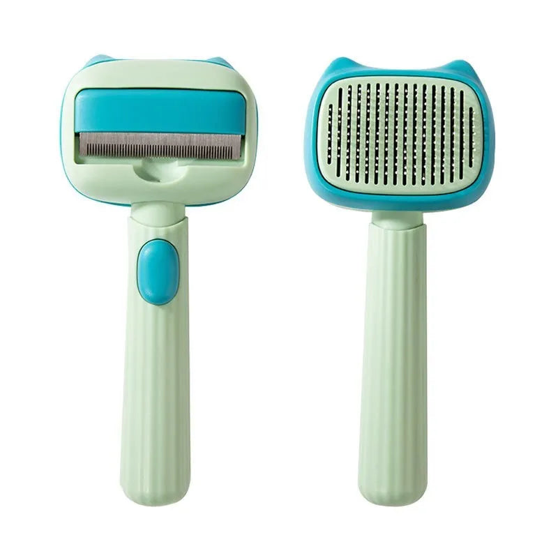 Blue dual-sided deshedding brush and dematting comb for large dogs and cats on a white background.