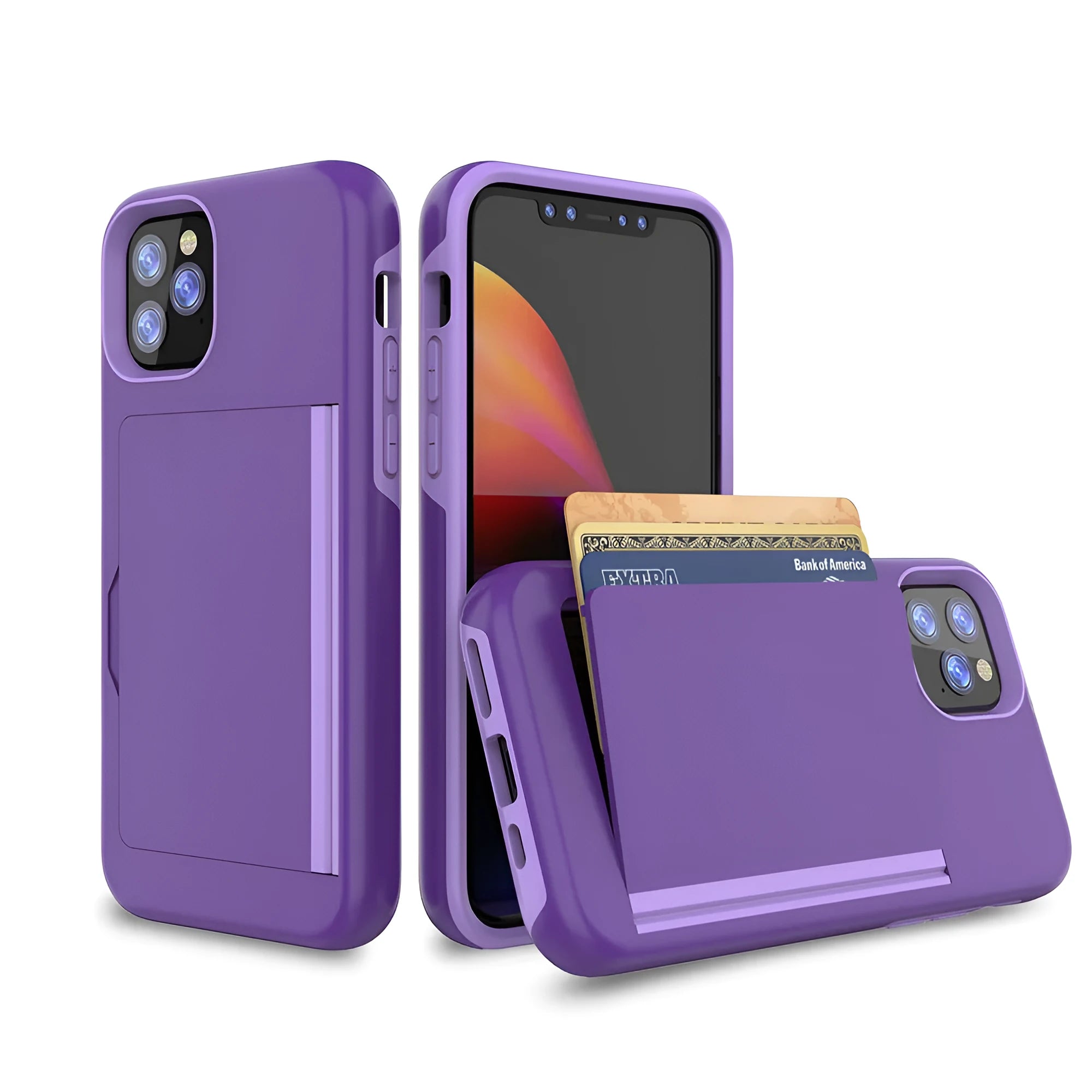 Slim black protective phone case for Apple iPhone 11, shown alongside red and blue colour options.