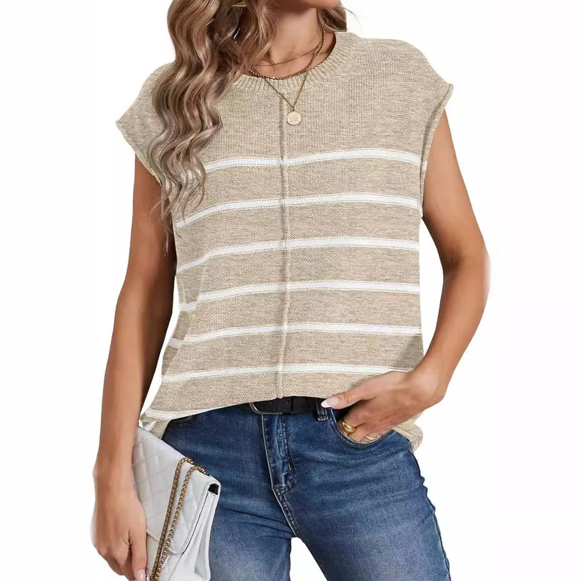Women's striped sleeveless pullover vest top in apricot colour with visible seam bone stitching