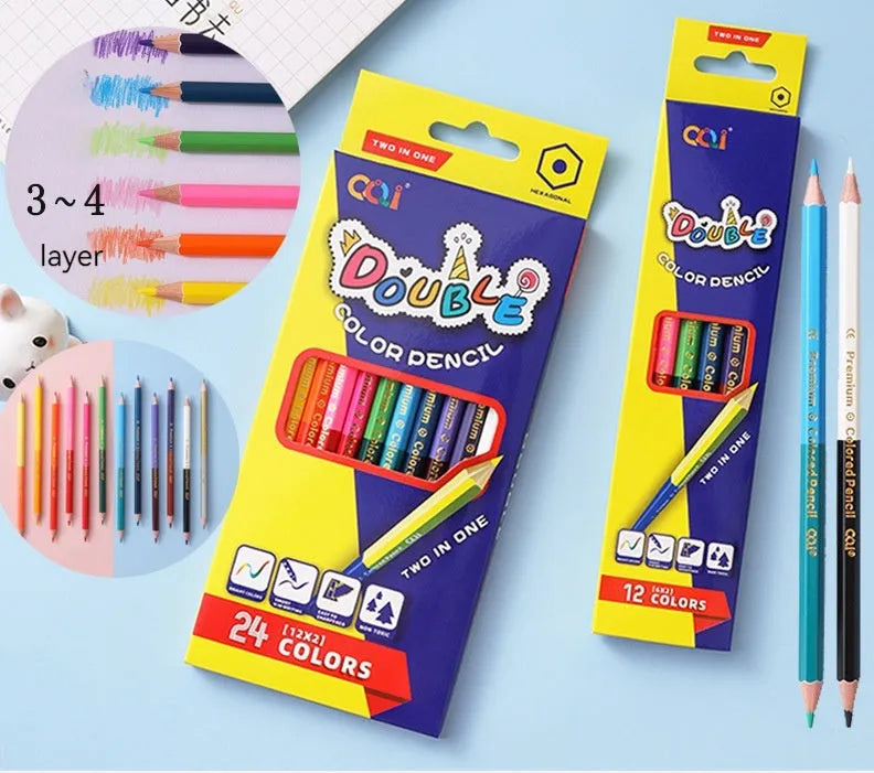 Wooden barrel colour pencil set with double-head design in student art configuration
