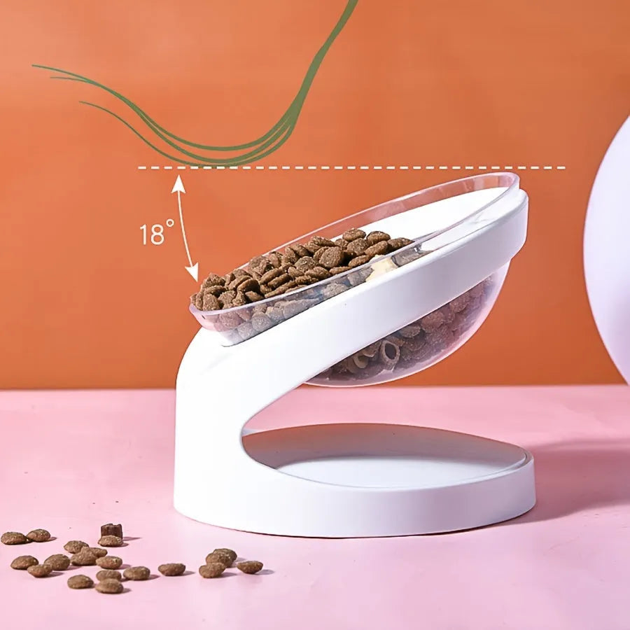 White elevated plastic cat food bowl with a slanted design for comfortable feeding.