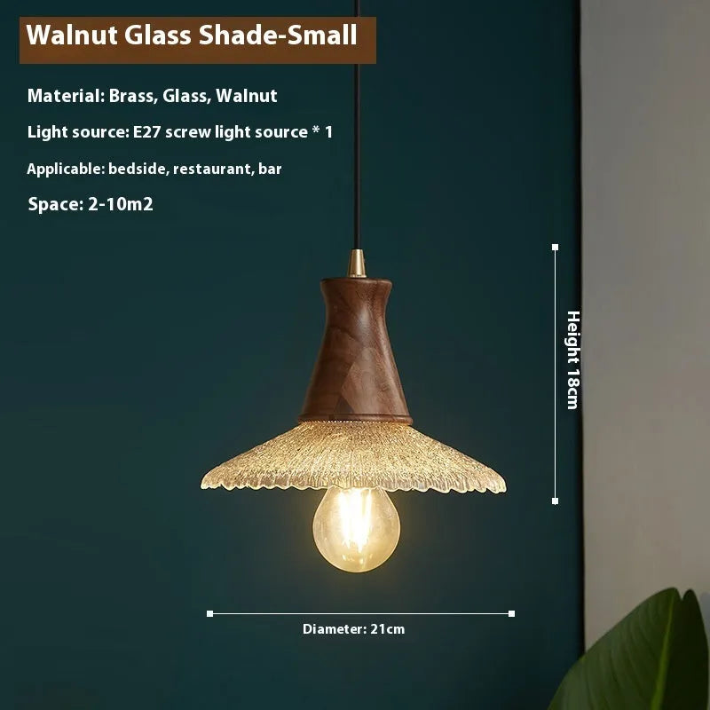 Retro brass and wood ceiling chandelier with a glass lampshade, shown in small, medium, and large sizes.