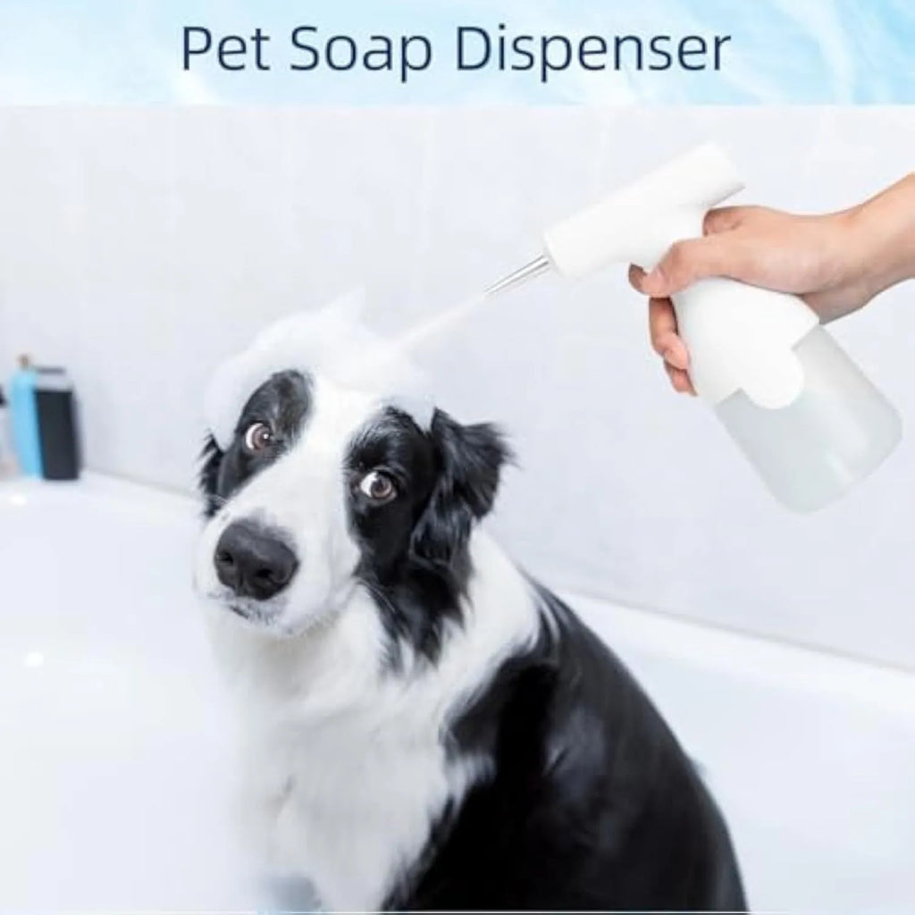 White electric foam soap dispenser for pet bathing with USB cable and two nozzles.