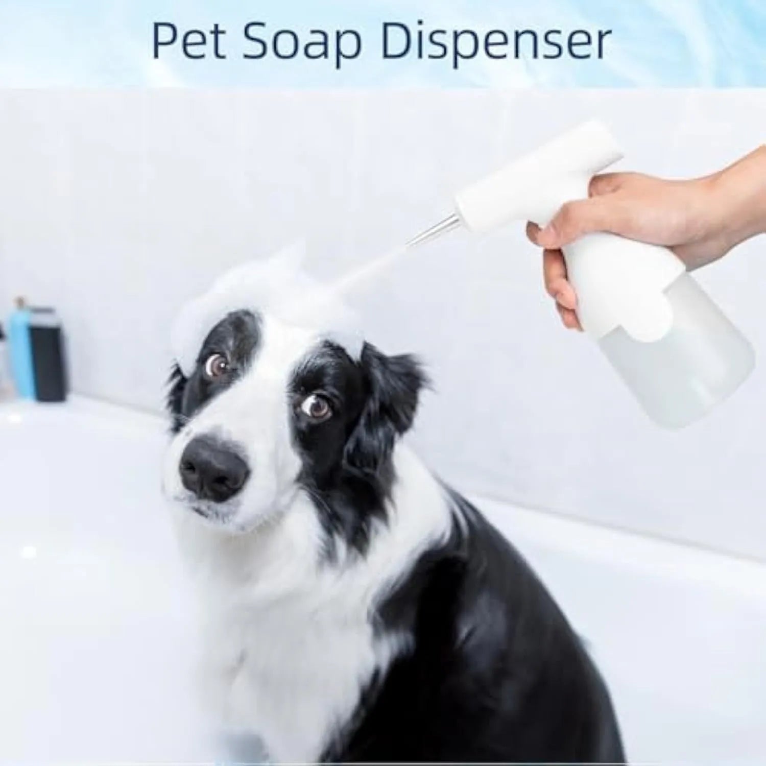 White electric foam soap dispenser for pet bathing with USB cable and two nozzles.