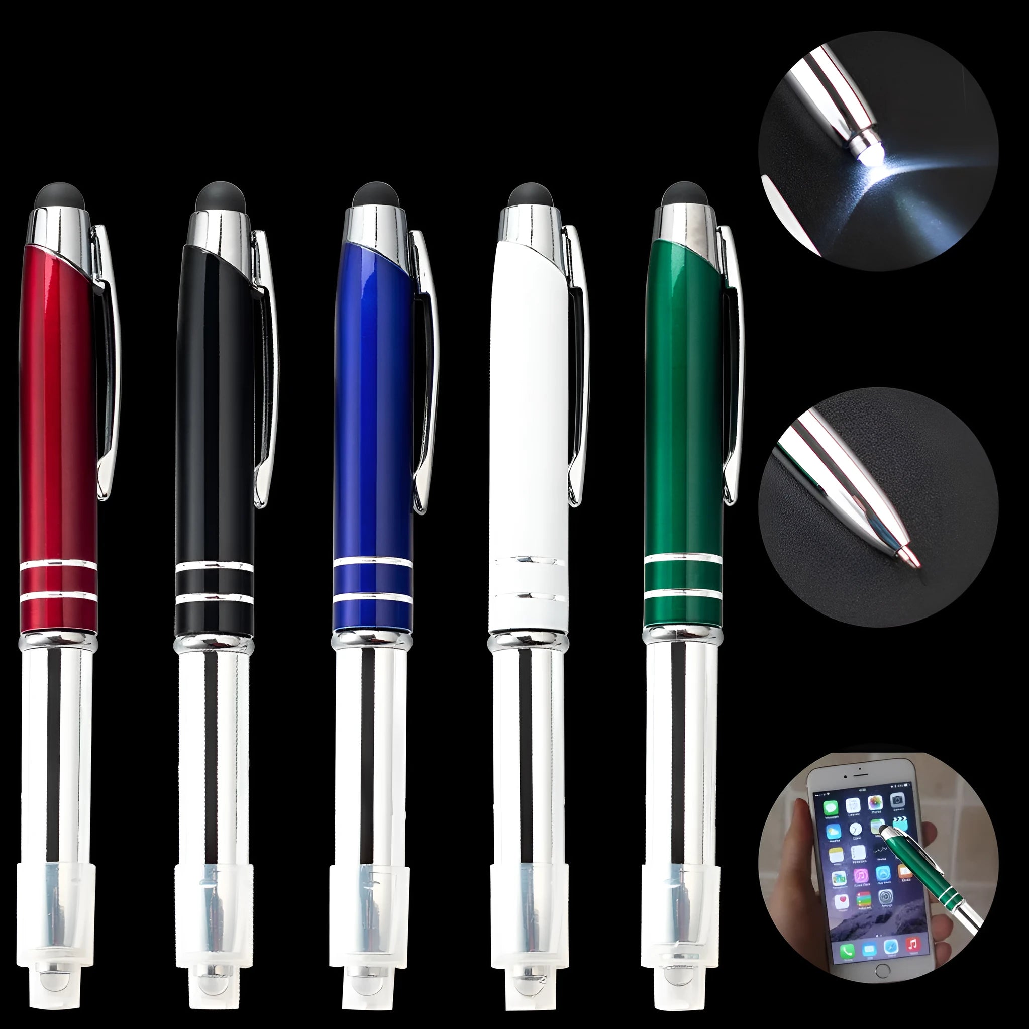 Metal capacitive stylus and ballpoint pen with LED light in five colour options.