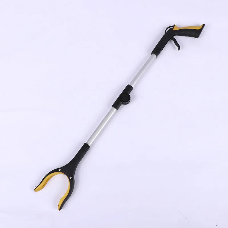 Folding silver and blue trash pick-up tool shown extended and collapsed, with magnet on clamp head.