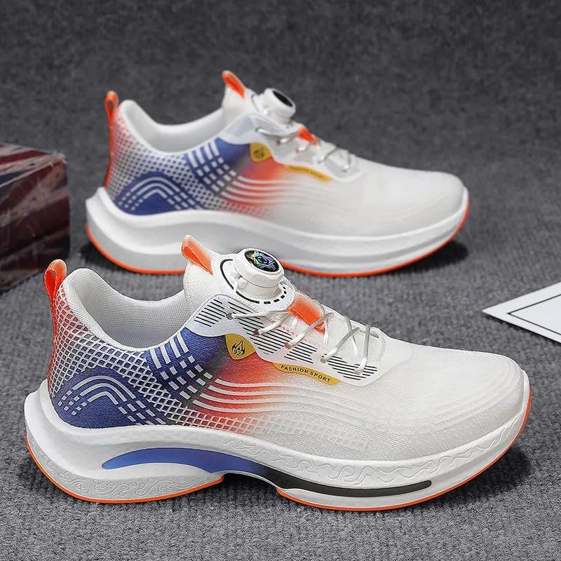 Men's white and blue mesh sneakers with a rotating buckle closure and rubber sole.