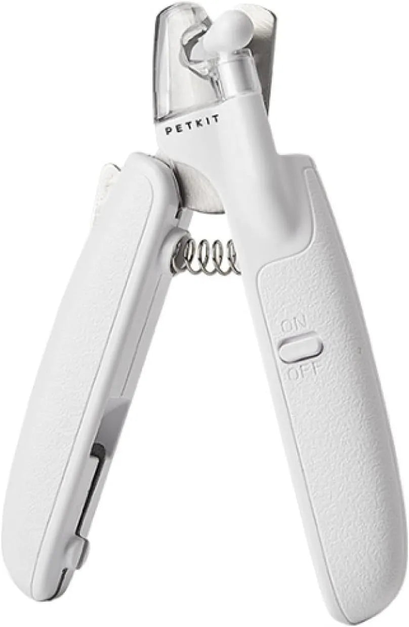 White LED pet nail clippers with open anti-splash guard and nail file on a solid colour background