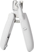 White LED pet nail clippers with open anti-splash guard and nail file on a solid colour background
