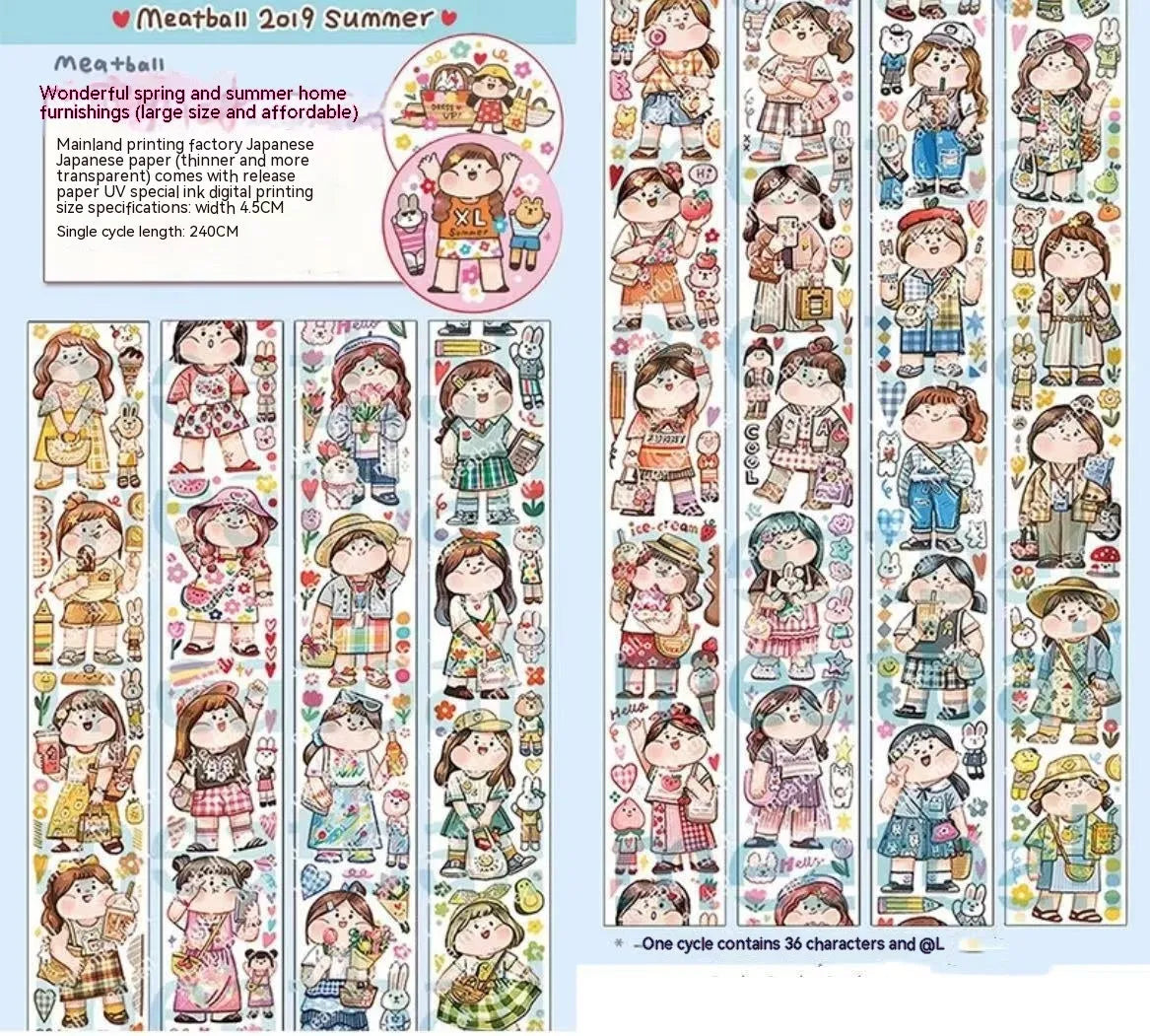 Sheet of cute cartoon character stickers on Japanese paper for haemorrhoid tape packaging and planners.