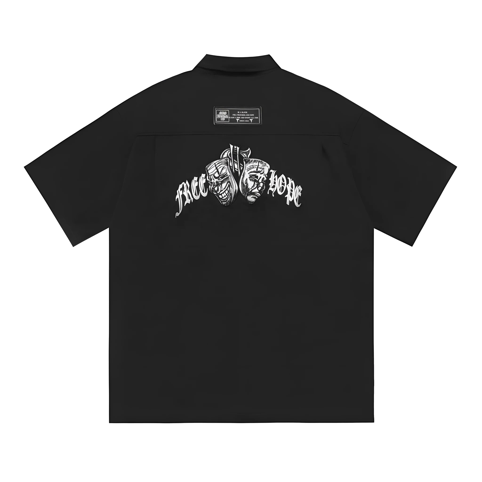 Men's black cotton blend half-sleeve shirt with a chest pocket and loose fit.