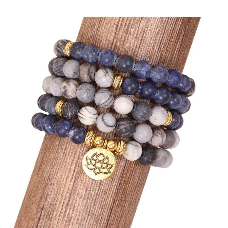 Blue patterned network stone bead multi-layer bracelet with natural alloy construction