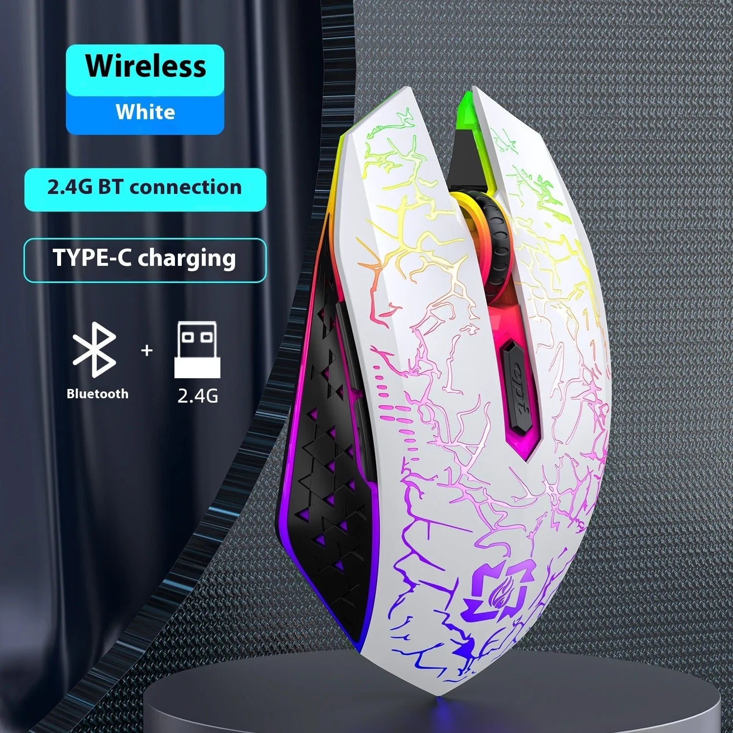 Black wireless gaming mouse with luminous breathing light effects on desktop with charging cable