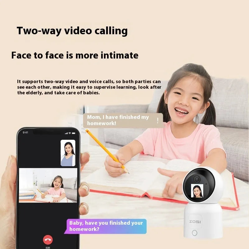 Zhou Shi indoor WiFi security camera with screen on white plastic housing