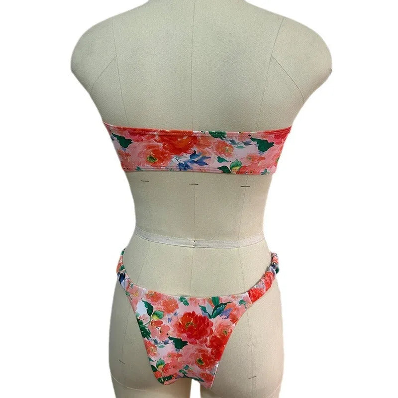 Women's floral lace bikini set with tube top and briefs in blue colour