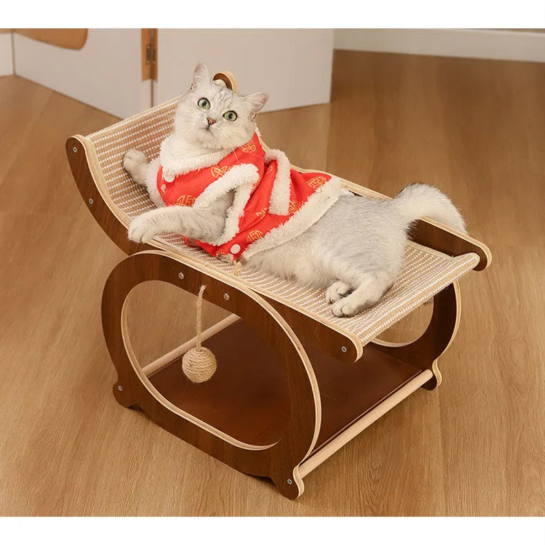 Solid wood cat bed with sisal scratching surface in walnut colour recliner design