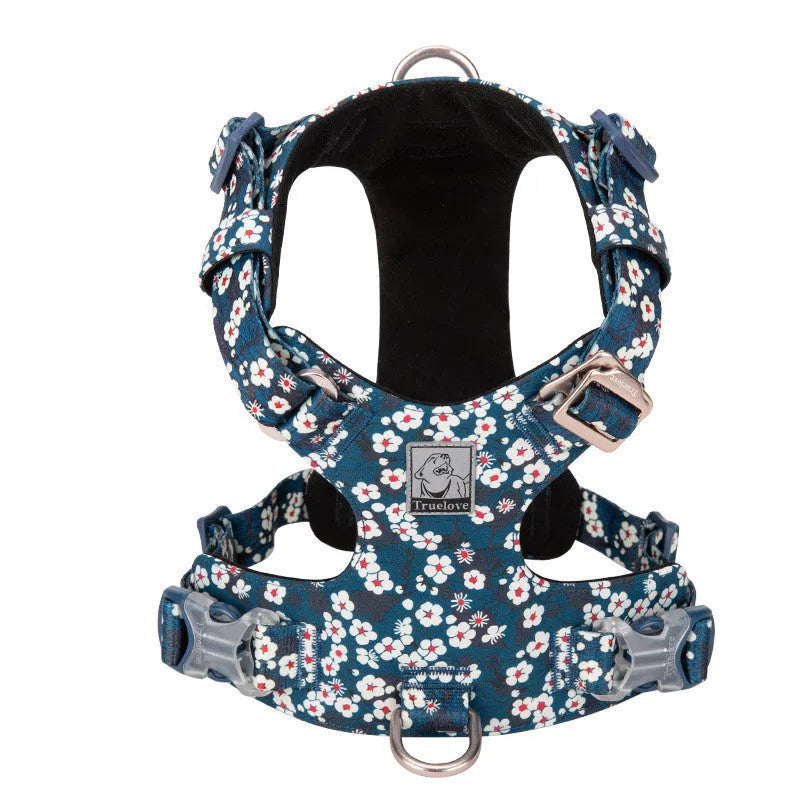 Pure cotton pet chest strap harness in floral colours with adjustable sizing for dogs