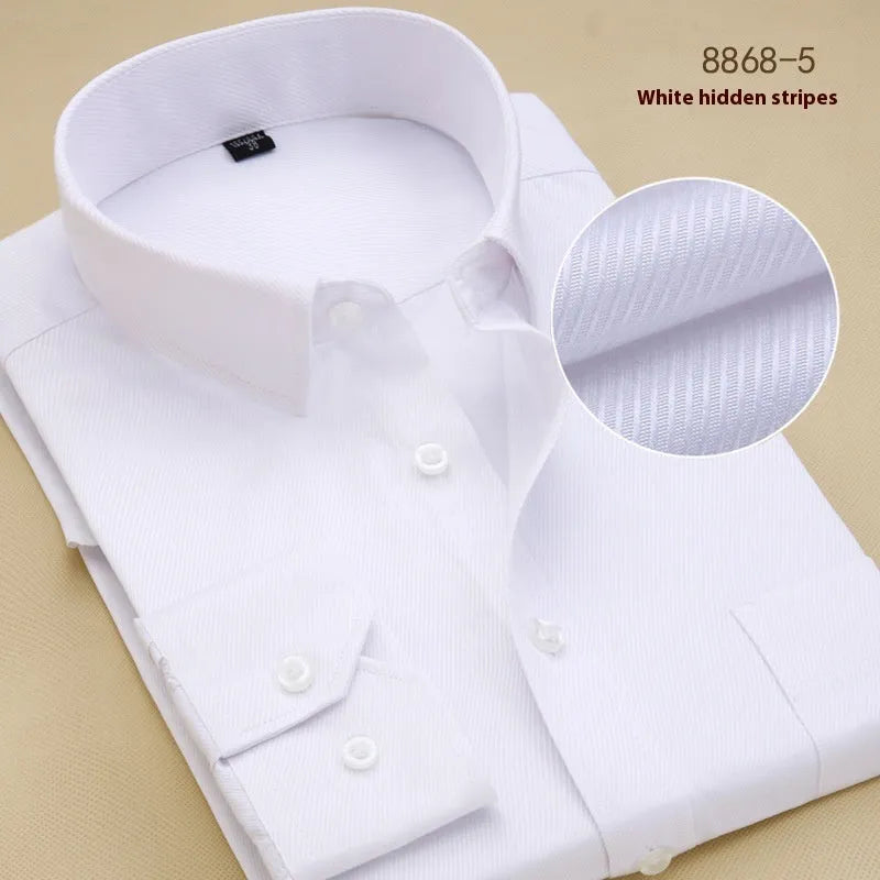 Men's black long sleeve business slim fit cotton shirt on a hanger