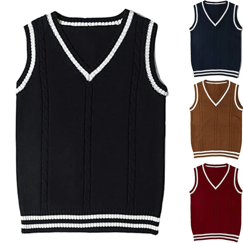 Women's V-neck acrylic knitted sweater waistcoat with striped stitching in slim fit