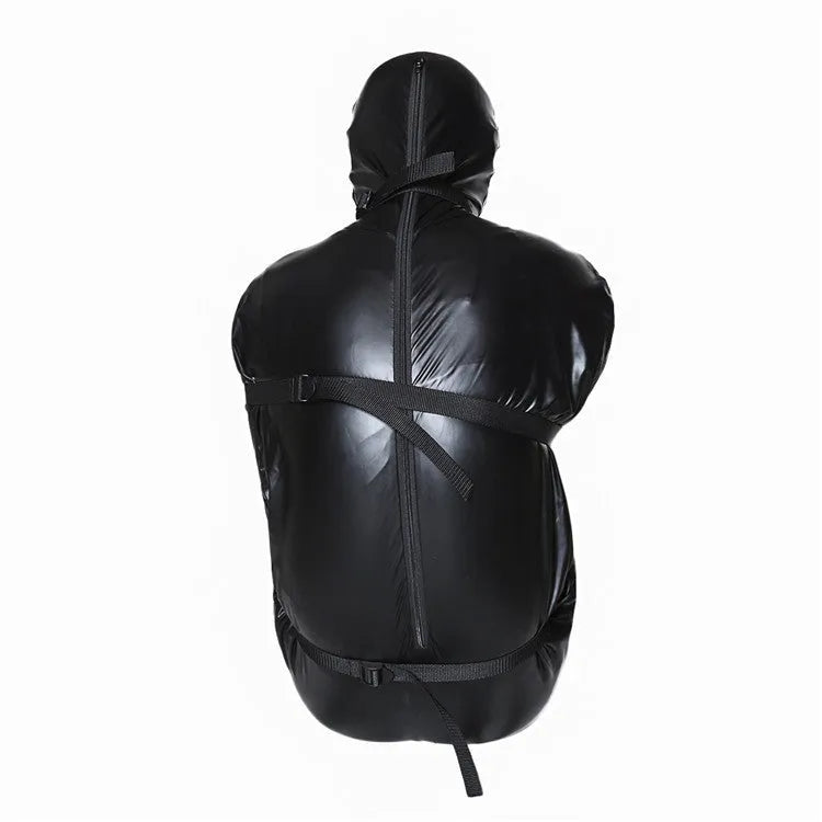 Black patent leather bondage restraint kit with body wrap and six ratchet tie-down straps laid out.