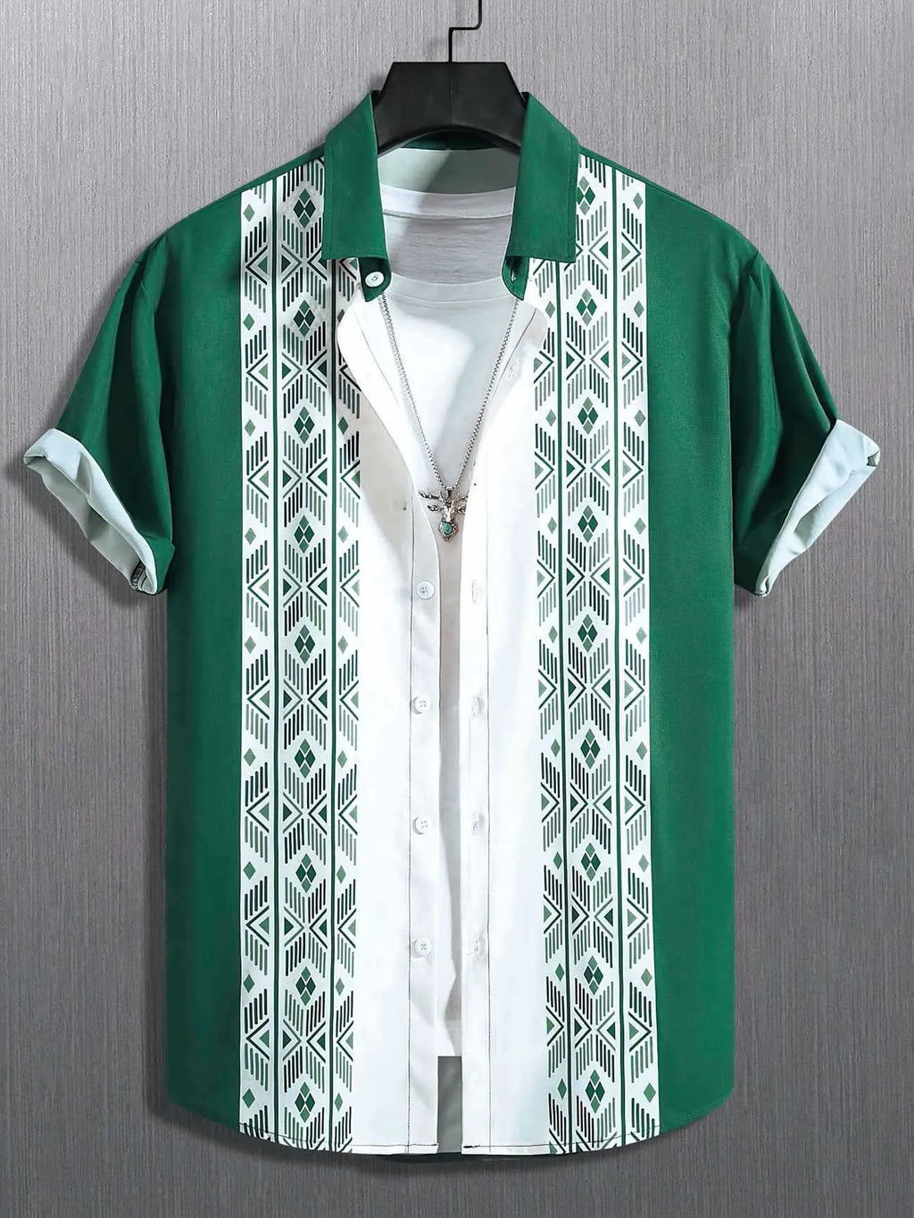 Men's plaid short-sleeve shirt cardigan with lapel collar showing elastic fabric detail