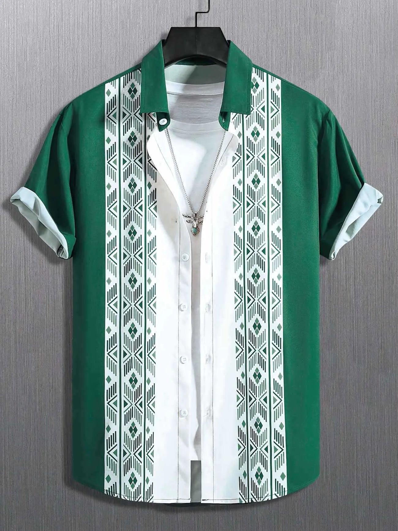 Men's plaid short-sleeve shirt cardigan with lapel collar showing elastic fabric detail