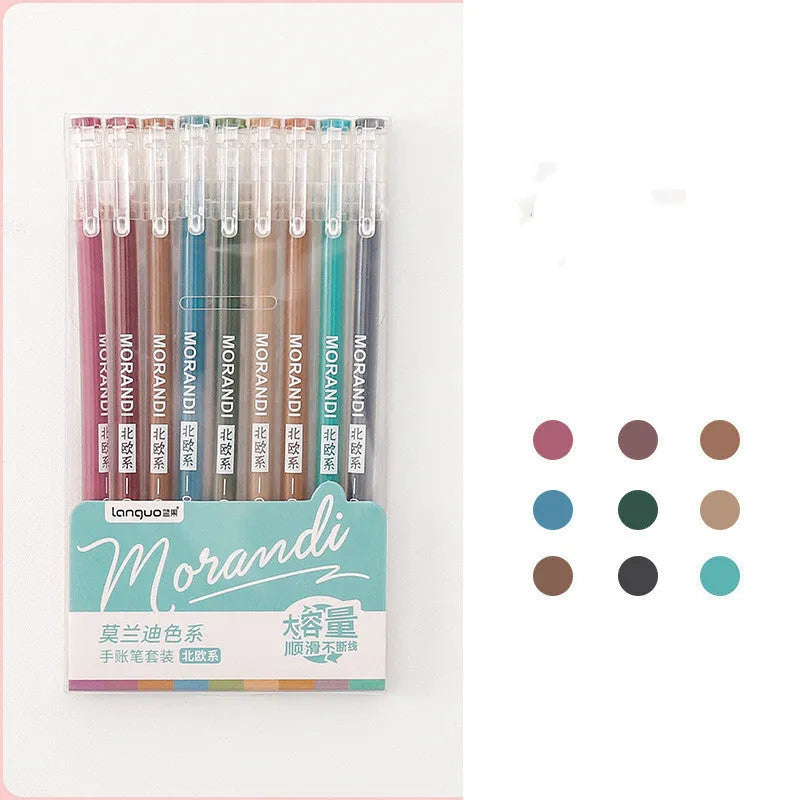 Set of nine solid colour gel pens with 0.5mm needle tips in Nordic, Retro, Salt, or Sweet series