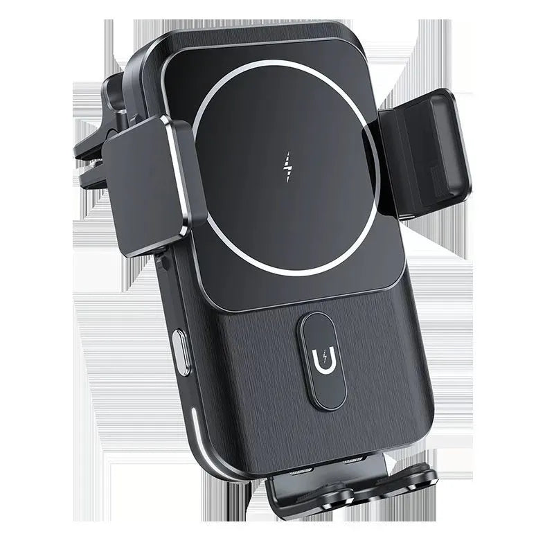Black car wireless charging phone holder with 15W power and clip or suction cup mounting bracket