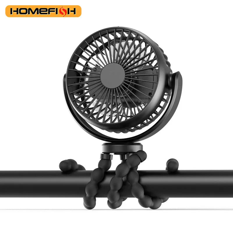 HOMEFISH F2 automatic shaking head portable fan with LED light on an adjustable bracket.