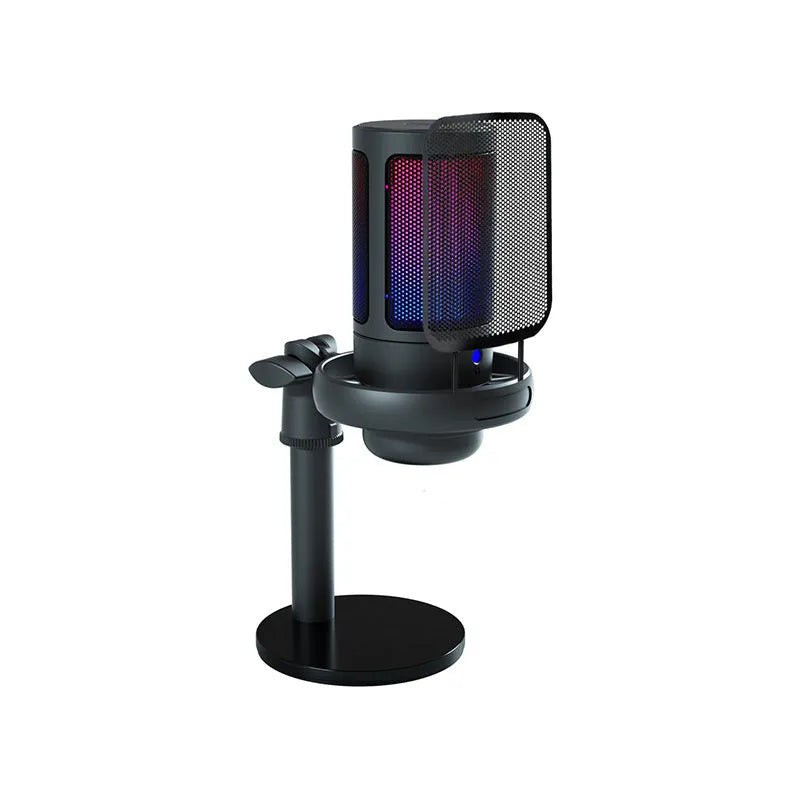 USB condenser microphone with colourful LED lights on cantilever stand for streaming and recording