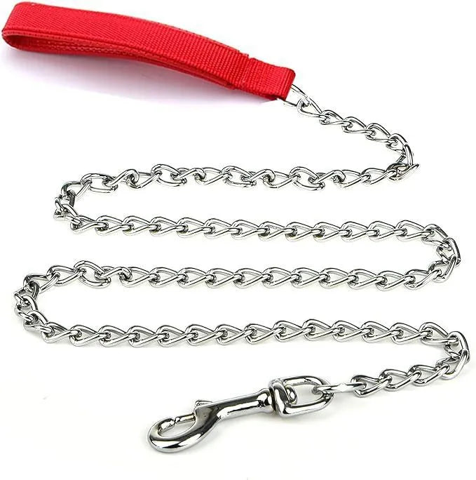 Heavy duty metal dog leash with padded handle in black, blue, or red for medium to large dogs