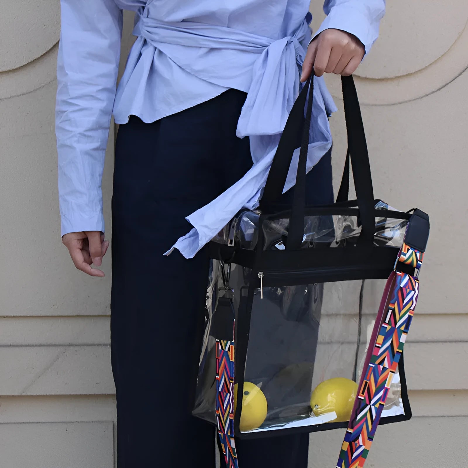 Women's transparent PVC shoulder messenger bag with double straps and side net pocket