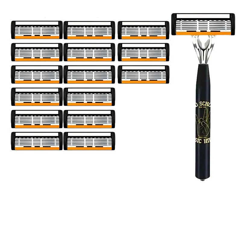 Black manual shaver cutter head with six-layer finger grip handle and multiple blade configurations.