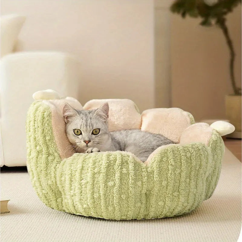 Soft green cactus-shaped pet kennel house for cats, shown next to a smaller purple version.