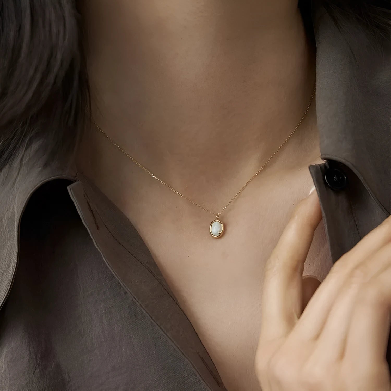 S925 sterling silver necklace with 14K gold plated geometric jelly opal pendant