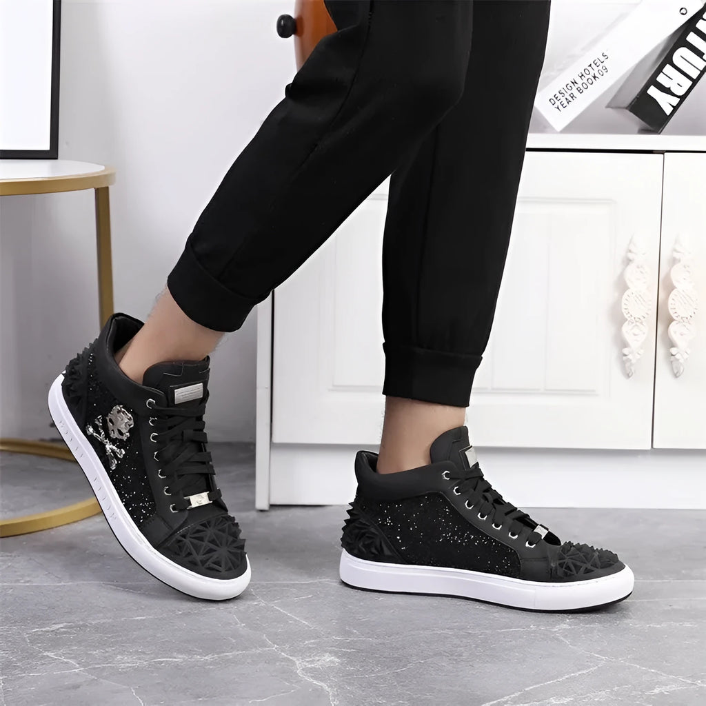 Men's black high-top skeleton shoes with genuine leather upper and lace-up closure