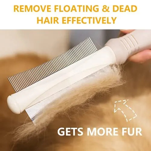 White 2-in-1 pet grooming brush with comb and deshedding sides, ergonomic handle