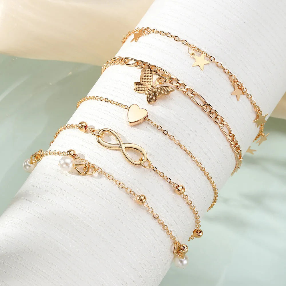 Women's butterfly pearl heart anklet 4-piece set layered alloy jewellery